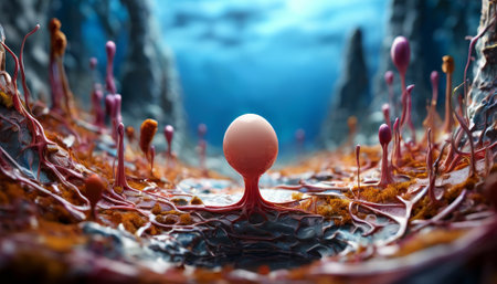 Surreal abstract landscape with organic growths and central orbの素材