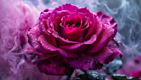 Close-up of a dewy purple rose shrouded in misty smokeの素材