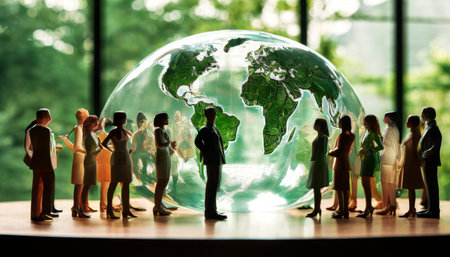 Business meeting around holographic globe with global data visualizationsの素材