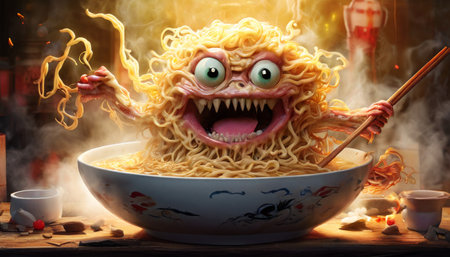 Animated monster made of noodles emerging from a bowl in a playful settingの素材