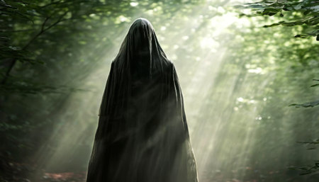 Dark hooded figure standing in a misty forestの素材