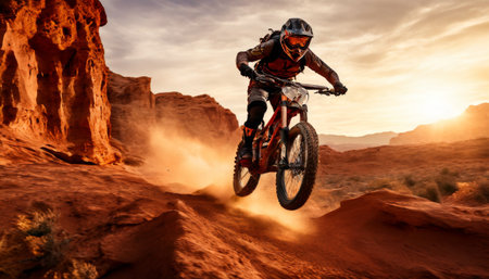 Mountain biker racing through desert terrain at sunsetの素材
