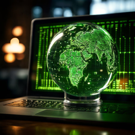 Green digital globe on laptop screen highlighting data securityの素材