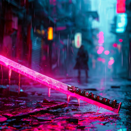 Futuristic neon sword on rainy urban street at nightの素材