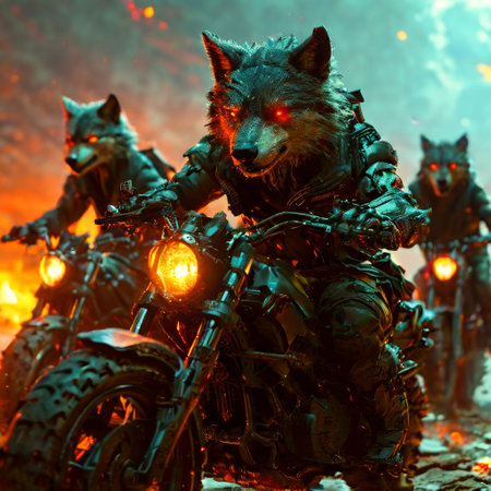 Robotic wolf bikers in a post-apocalyptic fiery landscapeの素材