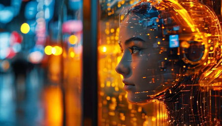 Cybernetic female head glowing with data lights in futuristic cityの素材