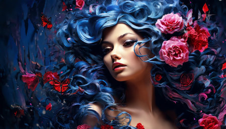 Enchanting portrait of woman with blue hair and floral accentsの素材