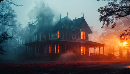 Foggy and eerie haunted mansion at dusk with glowing windowsの素材