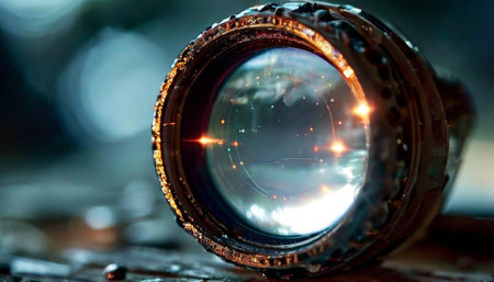 Close-up of camera lens with reflective light flaresの素材