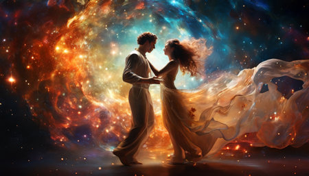 Couple dancing in cosmic nebula with ethereal lightの素材