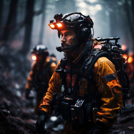 Firefighters in high-tech gear in misty forest settingの素材