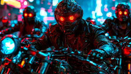 Cyberpunk motorcyclist gang with glowing red eyes in a futuristic cityの素材