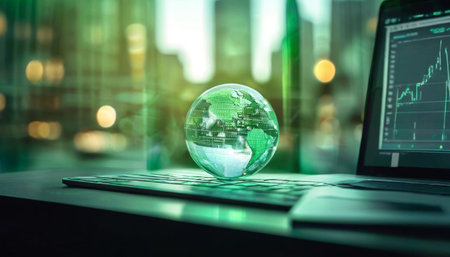 Holographic earth globe on laptop keyboard in modern city settingの素材