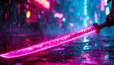 Neon pink glowing katana in a rainy cyberpunk city streetの素材