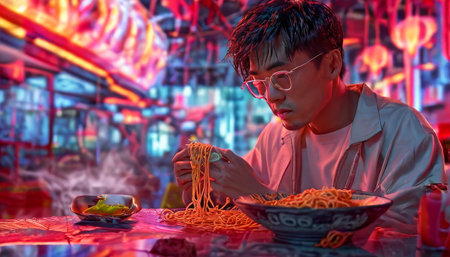 Man enjoying noodles in a vibrant neon-lit restaurantの素材