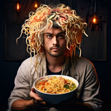 Man with noodle hair holding a bowl of ramen in dramatic lightingの素材