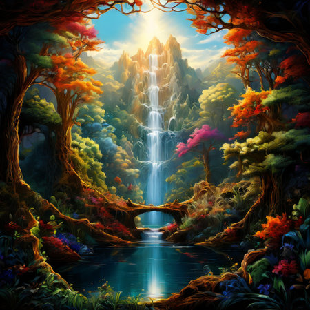 Enchanted forest waterfall with vibrant foliage and serene poolの素材