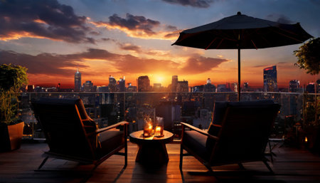 Rooftop terrace with city skyline at sunsetの素材
