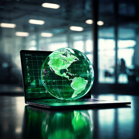Futuristic holographic globe projection over laptop in an officeの素材