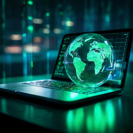 Digital globe hologram emerging from laptop in tech environmentの素材