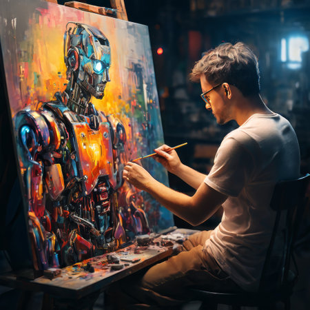 Artist painting a robot in a creative studio settingの素材