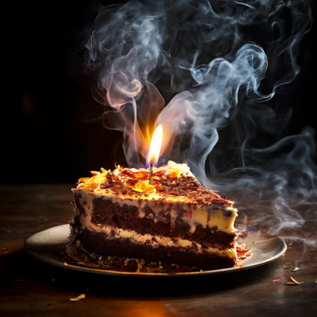 Smoking birthday cake slice with lit candle in dark settingの素材