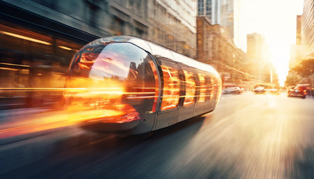 Futuristic high-speed train racing through a modern cityscapeの素材