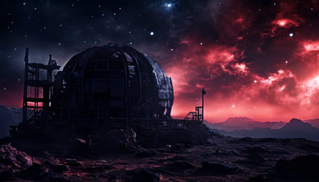 Futuristic dome structure on an alien planet with red skiesの素材