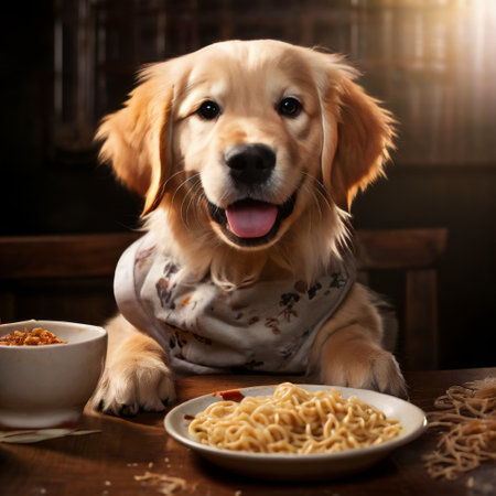 Happy golden retriever enjoying noodles at a wooden tableの素材