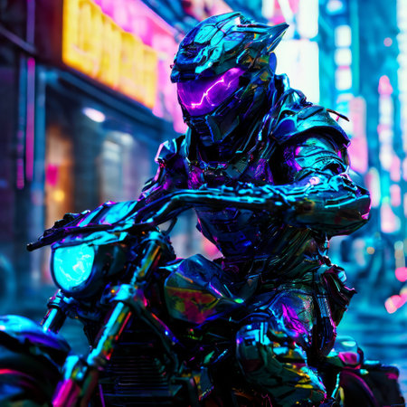 Cybernetic warrior on motorcycle in neon cityの素材
