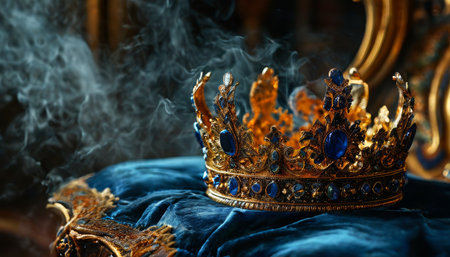 Ornate gold crown with blue jewels resting on royal velvetの素材