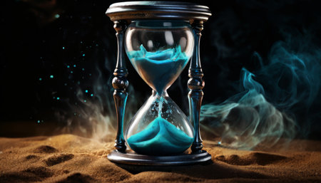 Hourglass with glowing blue sand on a dark backgroundの素材