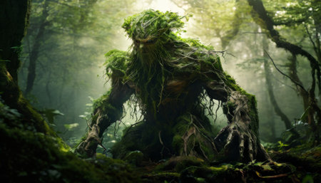 Moss-covered forest creature kneeling in lush green woodsの素材