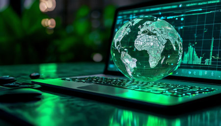 Futuristic holographic globe on laptop with digital analyticsの素材
