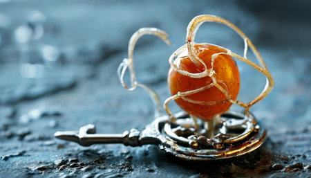 Close-up of intricate steampunk key with glowing orange orbの素材