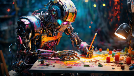 Artistic robot painting with vibrant colors in a creative settingの素材
