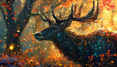 Majestic deer in enchanted forest with glowing antlersの素材