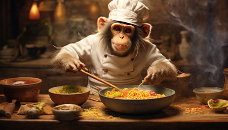 Playful monkey chef cooking noodles in a rustic kitchenの素材
