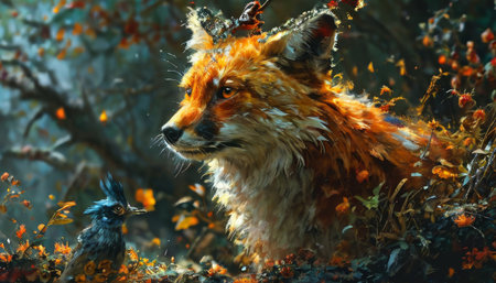 Digital artwork of a fox and a bird in an enchanted forestの素材
