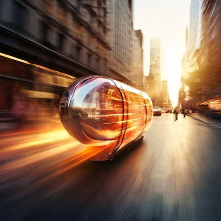 Futuristic pod vehicle moving through a city street at high speedの素材