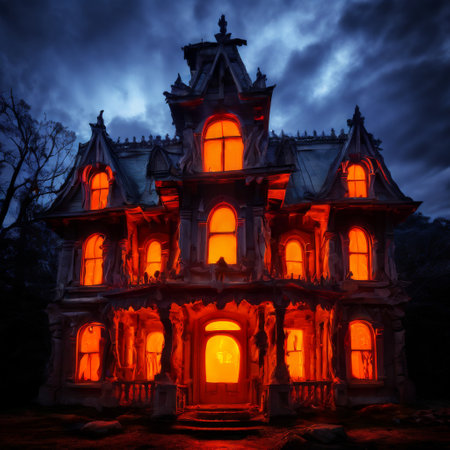 Glowing haunted mansion with an ominous dark sky at nightの素材