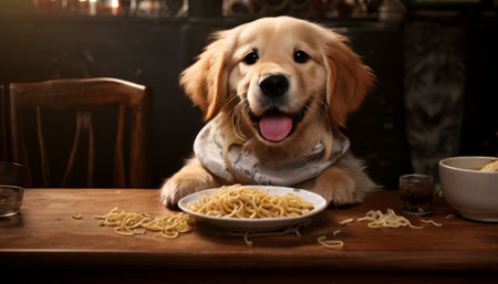 Golden retriever happily eating noodles at a rustic tableの素材