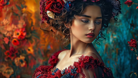 Portrait of a woman in an ornate red dress with floral headdressの素材