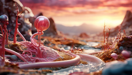 Futuristic alien landscape with abstract organic structures at sunsetの素材