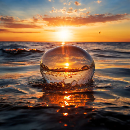 Glass sphere reflecting sunset over ocean wavesの素材