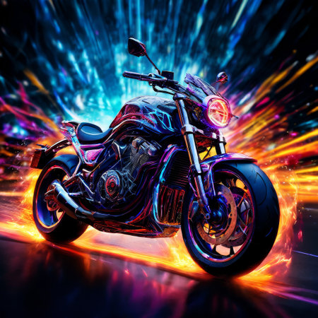 Futuristic motorcycle with neon highlights speeding through digital vortexの素材