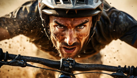 Close-up of determined mountain biker racing through dusty trailの素材