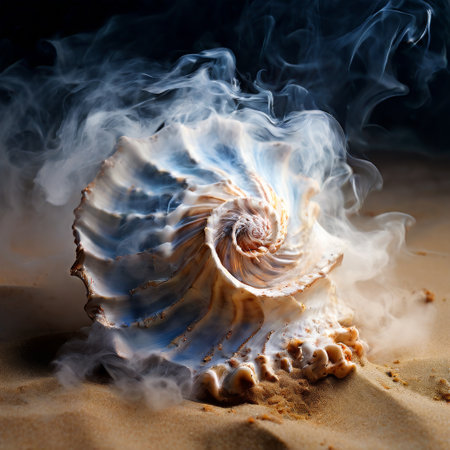 Sea shell with mystical smoke effect on sandy beach backgroundの素材