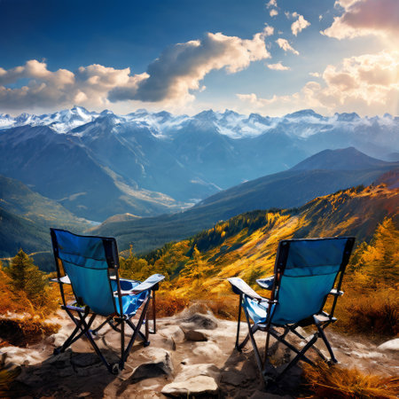 Scenic mountain view with camping chairs and breathtaking vistaの素材