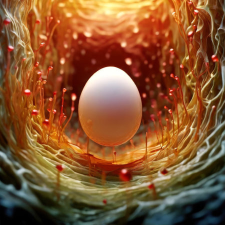 Abstract egg-shaped object surrounded by organic textures and glowing colorsの素材